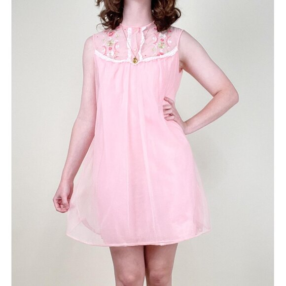 Vintage Embroidered Floral Lace Baby Doll Slip Mini Dress Nightgown Chemise PJs - Picture 1 of 8